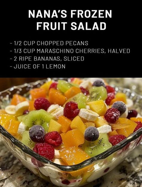 Grandma's Tasty recipes | "Love this Nana’s Frozen Fruit Salad. | Facebook Frozen Fruit Salad, Caramel Cheesecake Bites, Frozen Fruit Salads, Fruit Salad Ingredients, Frozen Fruit Recipes, Slow Cooker Stuffed Peppers, Slow Cooker Creamy Chicken, Fruit Salad Easy, Roasted Apples