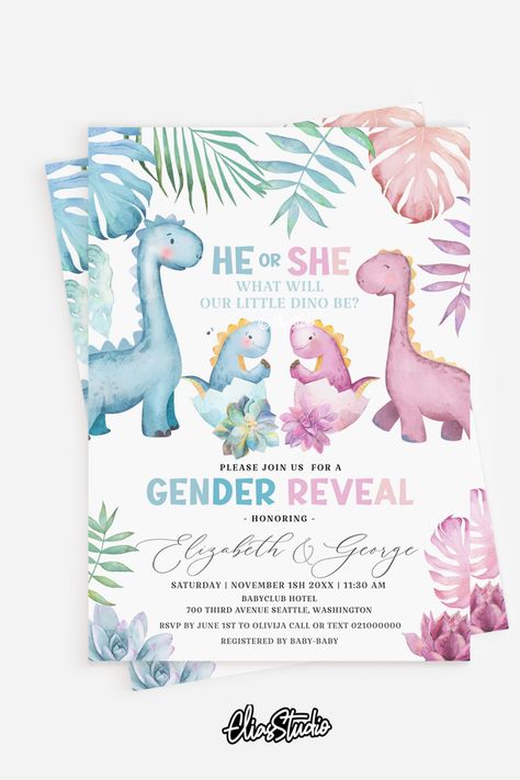 Cute He Or She Gender Reveal Invitation for the baby shower! Baby Shower Dinosaur Theme, He Or She Gender Reveal, Dinosaur Baby Shower Invitations, Dinosaur Baby Shower, Gender Reveal Invitations, Dinosaur Theme, Invitation Baby Shower, He Or She, Baby Shower Invitation