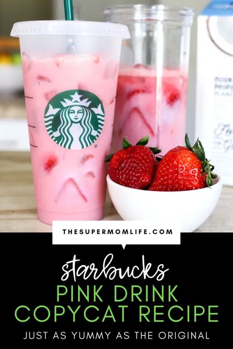 Starbucks Pink Drink Copycat Recipe - The Super Mom Life Pink Drink Copycat, Kawa Starbucks, Starbucks Drinks At Home, At Home Starbucks, Starbucks Pink Drink Recipe, Pink Drink Starbucks, Pink Drink Recipes, Strawberry Acai Refresher, Starbucks Strawberry