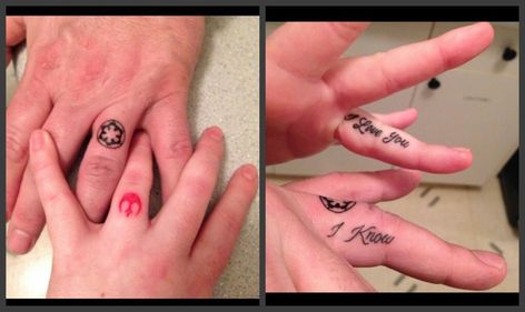 Geek Couple Tattoos, Star Wars Couples Tattoos, Star Wars Finger Tattoo, Matching Star Wars Tattoo, Star Wars Matching Tattoos, Star Wars Couple Tattoo, Star Wars Rings, Marriage Tattoos, Couple Tattoos Unique Meaningful