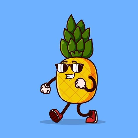 Cute pineapple character walking with sunglasses Pineapple Character Design, Pineapple Character, Pineapple Cartoon, Character Walking, Basketball Logo Design, Cartoon Pineapple, Pineapple Drawing, Pineapple Illustration, Pizza Pattern