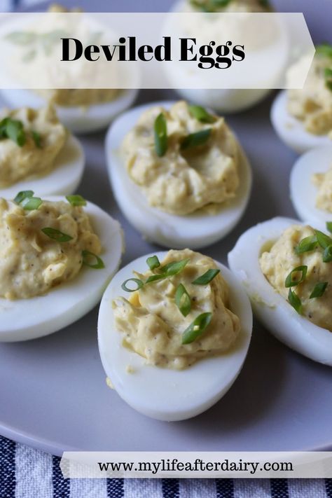 These deliciously dairy free deviled eggs are the perfect appetizer for all of your holiday gatherings. They are quick and easy to make, can be made in advance, and are extremely versatile. There are also tips for making perfect hard boiled eggs that peel beautifully! These deviled eggs are a great snack for game day or even the big game. #deviledeggs #dairyfree #lowcarb #appetizer #mylifeafterdairy Dairy Free Deviled Eggs, Dairy Free Appetizer, Easy Deviled Eggs, Dairy Free Pies, Dairy Free Appetizers, Deviled Eggs Easy, Perfect Hard Boiled Eggs, Dairy Free Treats, Deviled Eggs Classic