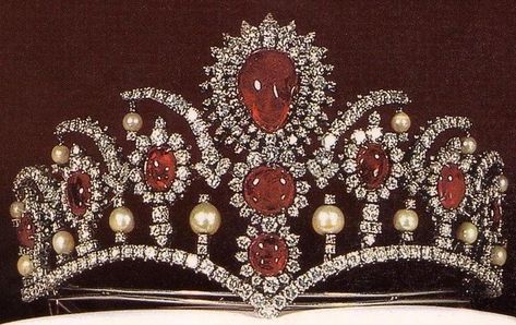 Tiara Mania: Princess Manijeh of Iran's Ruby & Pearl Tiara Ruby Tiara, Ruby And Diamond Necklace, Princess Marie Of Denmark, Princess Caroline Of Monaco, Pearl Tiara, Beautiful Tiaras, Royal Tiaras, Diamond Tiara, Pink Chanel