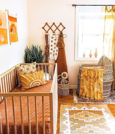 Sunny Themed Nursery, 70s Baby Nursery, Retro Boy Nursery, Boho Cribs, 70s Nursery Theme, Nursery With Color, Boho Sunshine Nursery, Boho Gender Neutral Nursery, Nursery Ideas Neutral Boho