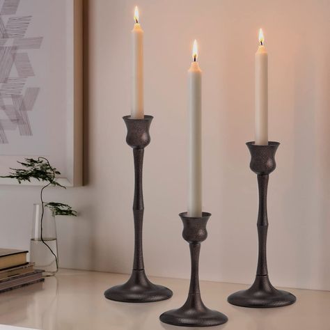 PRICES MAY VARY. 【UNIQUE DESIGN】This taper candle holder set is made of high-quality metal with exquisite craftsmanship, featuring smooth lines, a classic shape and a characteristic textured finish. These eye-catching candle sticks are perfect if you want to add a unique and elegant glamour to your home. 【NO INSTALLATION REQUIRED】This candlestick holder set of 3 comes pre-installed, saving you time and making it easy to use. The vintage candle holder set includes three taper candle holders in sl Fireplace Candle, Stick Candle Holder, Fireplace Candle Holder, Candlestick Centerpiece, Table Candle, Black Candle Holders, Fireplace Mantle Decor, Candles In Fireplace, Christmas Dining Table