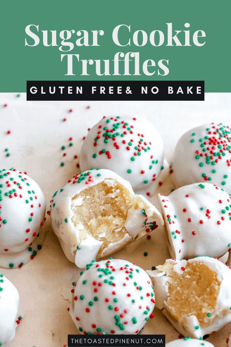 Want an easy holiday dessert without turning on your oven? You'll obsess over these low carb and gluten free no bake sugar cookie truffles! thetoastedpinenut.com #theotastedpinenut #sugarcookies #sugarcookietruffles #christmastruffles Gluten Free Christmas Appetizers, Gluten Free Truffles, Sugar Cookie Truffles, Gluten Free No Bake, Easy Holiday Dessert, No Bake Truffles, Cookie Truffles, No Bake Sugar Cookies, Christmas Truffles