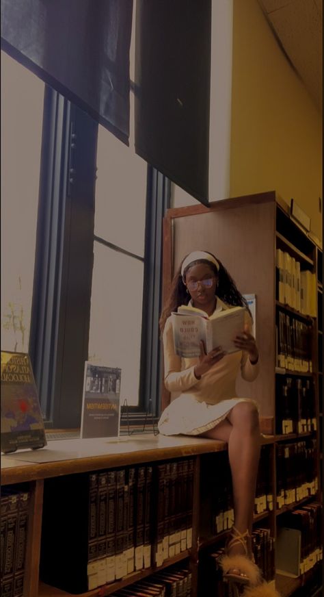 darkskin black woman reading in a library wearing a skirt, heels , and button up shirt Book Aesthetic Black Woman, Black Poet Aesthetic, Black Librarian Aesthetic, School Aesthetic Black Women, Black Church Girl Aesthetic, Black College Girl Aesthetic Studying, Black Author Aesthetic, Study Aesthetic Black Women, Black Writer Aesthetic