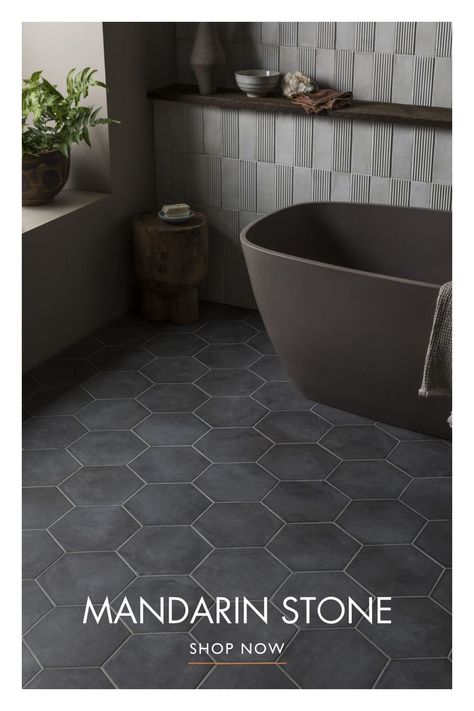 The vintage appeal of our Casablance Black Base Hexagon Tile suits any interior style and gives smoky appearance. Tile pictured: Casablanca Black Base Hexagon Porcelain Black Hexagon Tiles Bathroom, Black Hexagonal Tiles Bathroom, Black Hexagon Bathroom Tile, Hexagon Black Tile Bathroom, Modern Farmhouse Master Bath Tile, Black Honeycomb Tile Bathroom, Black Hexagon Floor Tile Bathroom, Black Honeycomb Tile, Black Tile Floor Bathroom