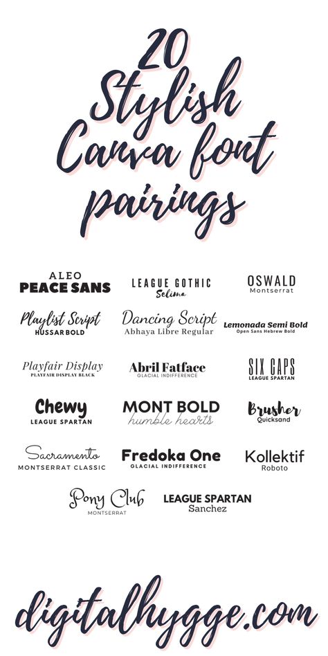 Looking for the best Canva font pairings for your logo, poster, Instagram post or Pinterest Pin? Find the top 20 font pairings for 2020 in my article "20 Best Canva Font Pairings for 2020". Stylish, elegant, modern, contemporary, playful - this list has them all. There are handwritten script fonts, sans serif and serif fonts and ones meant for corporate use and small business. #fonts #fontpairings #canva #design #designtips Canvas Font Ideas, Canva Playful Font, The Best Canva Fonts, Canva Fonts Poster, Elegant Fonts In Canva, Best Fonts For Instagram Posts, Typography Fonts Canva, Canva Font Pairing Ideas, Playful Fonts Canva