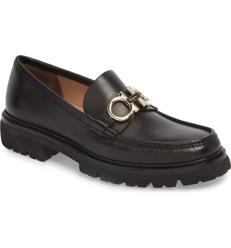 Free shipping and returns on Salvatore Ferragamo Bleecker Reversible Bit Lugged Loafer (Men) at Nordstrom.com. A segmented Gancio bit flips to bring two finish options to the bridge of a handsome loafer mounted on a chunky, toothy lugged sole. Luxury Brogue-detailed Loafers For Office, Luxury Buckle Closure Loafers For Semi-formal Events, Luxury Men's Loafers With Lug Sole, Luxury Brogue-detailed Plain Toe Loafers, Luxury Buckle Closure Slip-on Loafers, Salvatore Ferragamo Shoes, Trendy Shoes, Loafers Men, Loafer Shoes