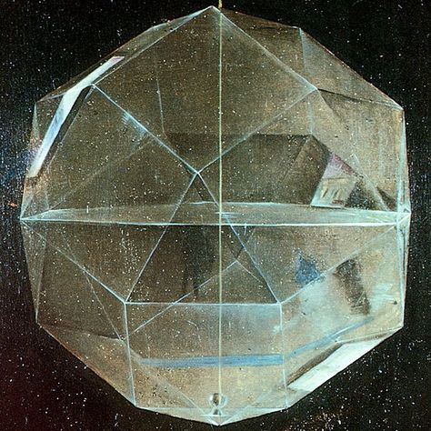 Rhombicuboctahedron half-filled with water, detail from the portrait of the mathematician Luca Pacioli, probably by Jacopo de' Barbari, 1495 Luca Pacioli, Geometric Crystal, Stormlight Archive, Mighty Nein, Critical Role, Art Plastique, Sacred Geometry, Triangles, Installation Art