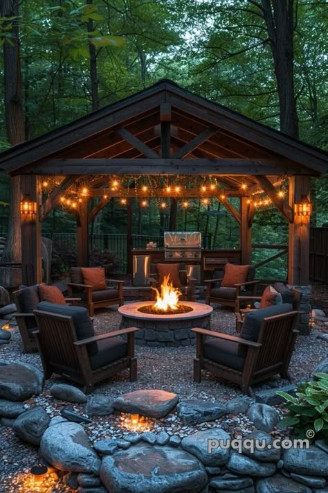 Outdoor Fire Pit Area, Gazebo With Fire Pit, Fire Pit Lighting, Backyard Fireplace, Cozy Backyard, Fire Pit Area, Outdoor Gazebos, Backyard Fire, Outdoor Decor Backyard