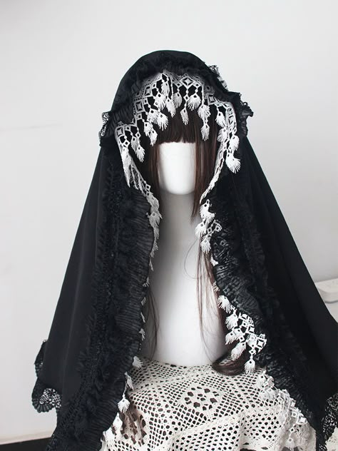 Black / White Nun Lolita Head Veil Cute Nun Costume, Nun Headdress, Nun Costume Aesthetic, Black And White Veil, Nun Outfit Aesthetic, Veil Character Design, Veil Pagan, Veil Reference, Crow Clothes