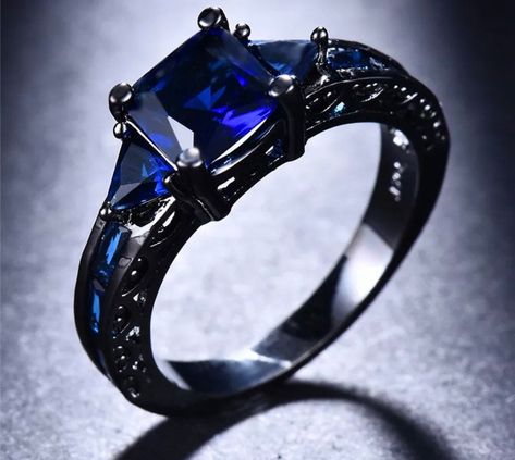 Engagement Ring Blue Sapphire, Blue Sapphire Wedding Ring, Engagement Ring Blue, Blue Wedding Rings, Ring Blue Sapphire, Black Gold Ring, Sapphire Wedding Rings, Sapphire Wedding Band, Black Gold Jewelry