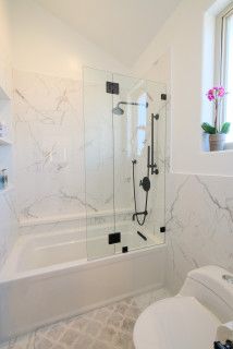 Shower Combo Ideas, Contemporary Bathroom Remodel, Contemporary Bathroom Designs, Flat Panel Cabinets, Double Sink Bathroom, Floating Vanity, Tub Shower, White Floors, Tub Shower Combo