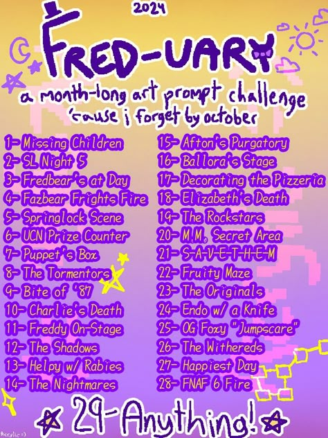 I made this 'cause I always forget until, like, mid-october and I can't really make videos on a month-long challenge if it's already the middle of the month || YT: @Acrylicthepartygoer 「Acrylic =)」I make speedpaints, music, and gacha videos! Also I have no upload schedule lol Gacha Challenge List, Fnaf Art Challenge, Oc Month Challenge, Art Drawing Challenge, October Art Challenge, Create Oc Challenge, Draw Your Oc Challenge Template, Art Oc Challenge, Month Art Challenge