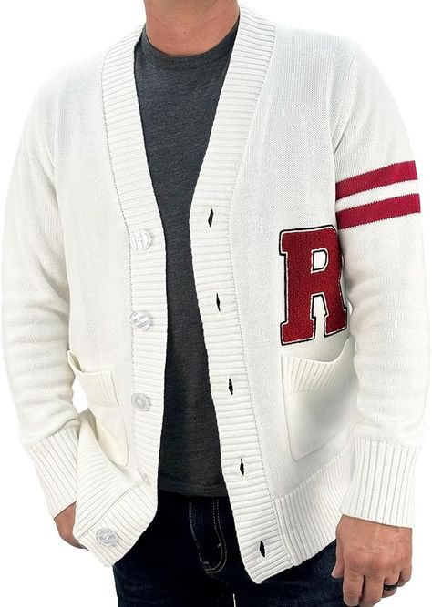 Hip Hop 50's Shop - Mens 1950s White R Letterman Cardigan Sweater (2XLarge, White R) at Amazon Men’s Clothing store Letterman Sweaters, Retro Cardigans, Mid Century Fashion, 1950s Retro, Boyfriend Sweater, Jeans And Converse, Mens Cardigan Sweater, Toddler Sweater, Cardigan Casual