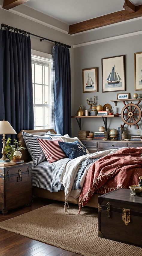 coastal bedroom decorating Nautical Bedroom Theme, Masculine Beach Bedroom, Sailing Bedroom, Vintage Nautical Bedroom, Nautical Bedroom Master, Boys Nautical Bedroom, Vintage Boys Bedrooms, Nautical Bedroom Ideas, Sea Bedrooms