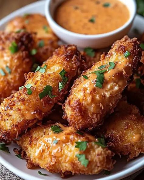 Crispy Coconut Chicken served with a zesty, creamy Bang Bang sauce for a perfect balance of sweetness and heat in every bite! Crispy Coconut Chicken, Lobster Cream Sauce, Bang Bang Sauce, Dipping Sauces For Chicken, Crispy Chicken Tenders, Coconut Chicken, Baked Chicken Wings, Citrus Chicken, Chicken Bites