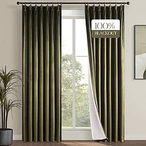 Topfinel Olive Green Velvet Blackout Curtains 84 Inches Long, 100% Blackout Pinch Pleated Dark Green Boho Thermal Insulated Back Tab Curtains for Living Room Bedroom, Retro Drapes with Hooks Rings Brown Velvet Curtains, Brown Curtains, Decorative Curtains, Curtains For Bedroom, Insulated Curtains, Drape Panel, Treatment Room, Decor Curtains, Rod Pocket Curtain Panels