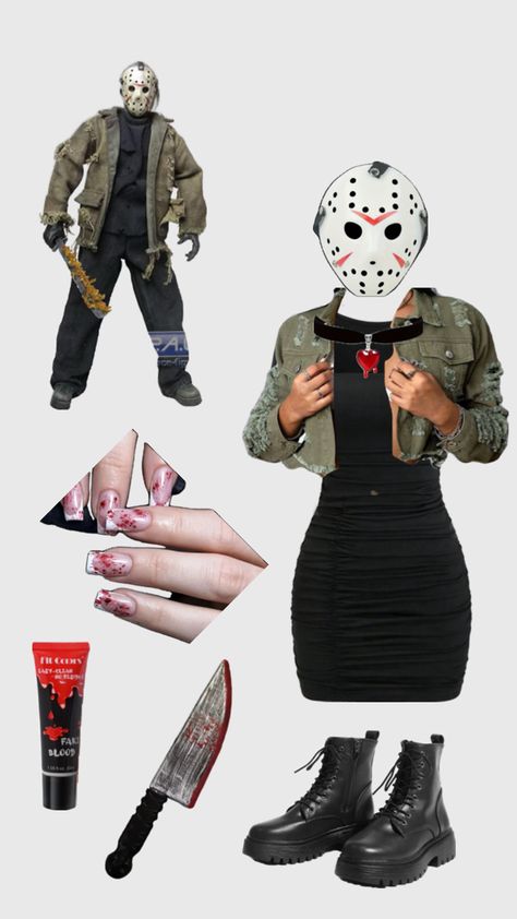 Jason as a baddie Jason Halloween Costume, Hot Halloween Costumes Women, Jason Voorhees Costume, Halloween Jason, Nose Makeup, Classy Halloween Costumes, Duo Costumes, Crazy Costumes, Holloween Costume