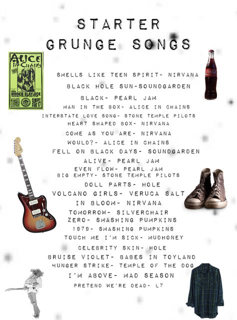 Songs For Grunge Aesthetic, 90s Grunge Playlist, Different Genres Of Music, Grunge Band Name Ideas, Good Bands To Listen To, Rock Music To Listen To, Fairy Grunge Music, Alt Songs Playlist, Grunge Playlist Songs