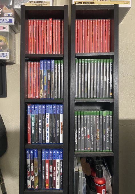 Current video game collection Game Collection Display, Video Game Storage Ideas, Video Game Display, Video Game Shelf, Video Game Organization, Game Shelf, Video Game Storage, Setup Inspiration, Gaming Collection