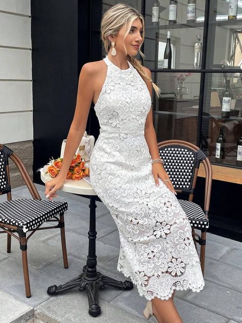 Chic White Dress, White Lace Midi Dress, Backless Midi Dress, Coachella Dress, Lace Overlay Dress, Shein Dress, White Midi Dress, Lace Overlay, Embroidered Lace