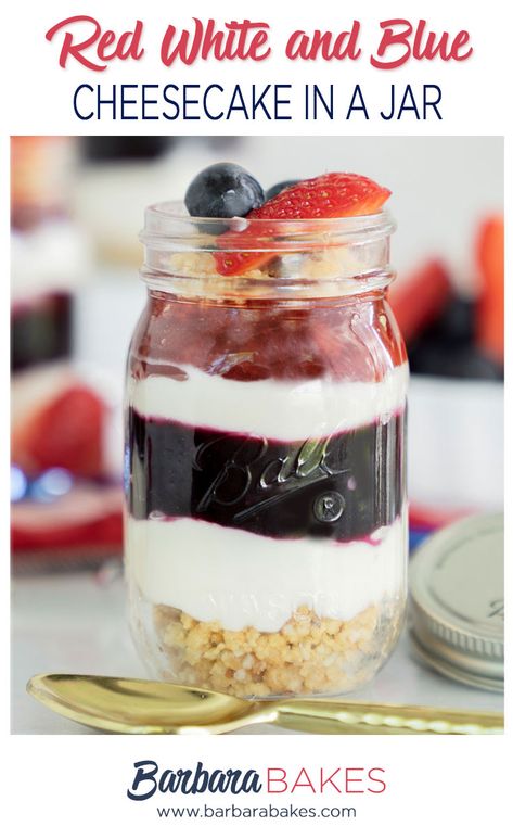 Adorable Red White and Blue Cheesecake In A Jar is the perfect easy fourth of July dessert. Made with fresh berries, a no-bake cheesecake and golden Oreo-almond crust, it’s a refreshing, light, and patriotic cheesecake. Patriotic Cheesecake, Golden Oreo Crust, Red White And Blue Cheesecake, Fourth Of July Dessert, Blue Cheesecake, Golden Oreo, Cheesecake In A Jar, Oreo Cookie Crust, Patriotic Desserts