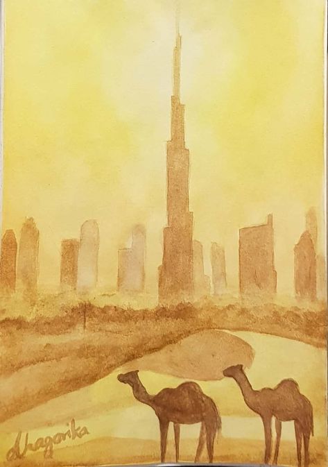 Burj Khalifa Dubai painting. Camels in the Desert. Easy watercolor art. Monochrome Yellow. Dubai Drawing Easy, Dubai Illustration Art, Uae Art Painting, Dubai Watercolor, Desert Easy, Dubai Painting, Uae Art, Camel Painting, Dubai Burj Khalifa