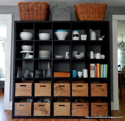 Number Fifty-Three: IKEA Kallax as Kitchen Storage (Another Glimpse at our Kitchen) Ikea Kallax In Kitchen, Kallax Kitchen Ideas, Ikea Kallax Kitchen Storage, Kallax In Kitchen, Kallax Pantry Hack, Ikea Kallax Pantry, Kallax Ikea Ideas Kitchen, Kallax Pantry, Black Kallax Styling