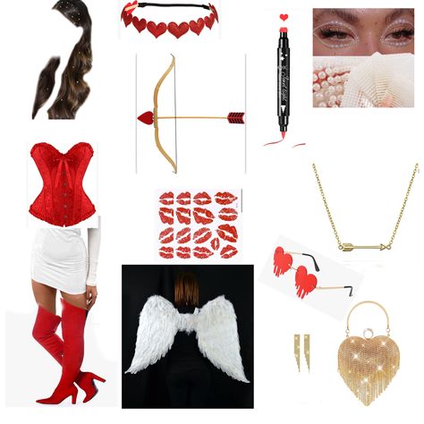 Cupid Costume Ideas For Women, White Cupid Costume, Easy Cupid Costume, Cupid Halloween Costume Ideas, Cupid Aesthetic Outfit, Evil Cupid Costume, Valentine Halloween Costume, Red Corset Halloween Costumes, Cupid Couple Costume