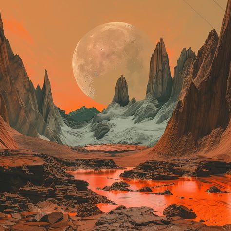 Another planet rocks landscape with big moon in the orange sky, made with Ai Space Landscape Art, Sci Fi Planet Landscape, Planet Landscape Concept Art, Mars Concept Art, Alien Worlds Landscape, Alien Planet Landscapes, Scifi Planet, Mars Landscape, Mars Aesthetic