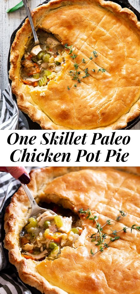 This one skillet chicken pot pie is easy to throw together and the perfect cozy comfort food for cold winter nights. A creamy chicken and veggie gravy is topped with a flaky, “buttery” grain free crust that will impress even the pickiest eaters! It’s gluten free, grain free and paleo with a dairy free option. #paleo #cleaneating #glutenfree #comfortfood #healthy Veggie Gravy, Dairy Free Chicken Pot Pie, Skillet Chicken Pot Pie, Paleo Chicken Pot Pie, One Skillet Chicken, Paleo Pie, Paleo Running Momma, One Skillet, Chicken Pot Pie Recipes