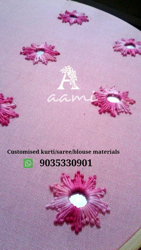 Mirror Embroidery Designs For Kurtis, Mirror Work Embroidery Motifs, Mirror Work Embroidery Kurti, Mirror Work Kurti Design, Mirror Work Embroidery, Ideas For Embroidery, Basic Hand Embroidery Stitches, Simple Hand Embroidery Patterns, Mirror Embroidery