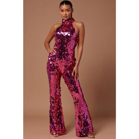 * Msrp $109.00 * Chest Aprox 34", Waist Aprox 27", Inseam Aprox 34" * Sequin Jumpsuit - Mock Neck * Sleeveless - Stretch - Flare Leg - Open Back * Hidden Back Zipper - Lined * Shell & Shell: 100% Polyester - Lining - Imported Customer Satisfaction Is Our #1 Goal. We Are Committed To Offering Our Valued Customers 100% Authentic, Brand Name Products At Discount Prices. All Our Items Are Purchased Directly From Department Stores And Are Usually Over-Stocked Or Out Of Season Items. We Guarantee Their Quality And Authenticity. We Try To Take The Best Pictures To Represent Each Items Authenticity As Well As Descriptions And Brand Names Of Each Item If Possible, To Give You As Much Informati Pink Sequin Jumpsuit, Hot Pink Fashion, Sequin Jumpsuit, 60 Fashion, Pink Sequin, Luxe Fashion, Black Romper, Long Sleeve Romper, Matching Dresses