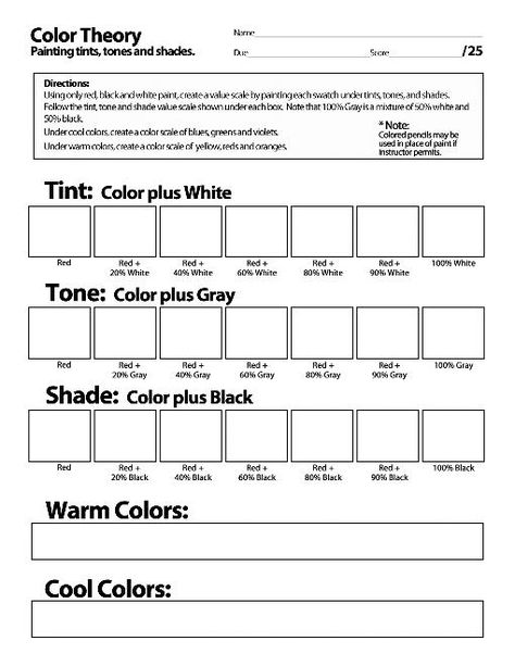 Shading Worksheet, Tints Tones And Shades, Color Theory Worksheet, Color Theory Art, Art Handouts, Color Lessons, Art Theory, Elements And Principles, Art Worksheets