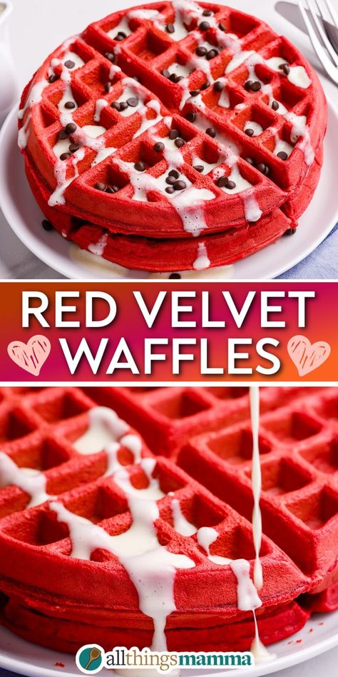 Red Velvet Waffles social collage graphic Christmas Waffles, Red Velvet Waffles, Valentines Brunch, Valentines Breakfast, Waffle Iron Recipes, Dessert Waffles, Waffle Maker Recipes, Waffle Bar, Breakfast Recipes Sweet