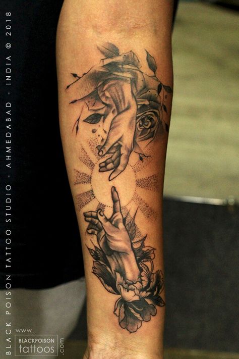 Best Tattoo Studio in India, Tattoo Designer Ahmedabad, Artist, Studio, Parlour, Coloured, Piercing, Black Tattoo Michelangelo Creation Of Adam Tattoo, Creation Of Adam Tattoo Forearm, Hand Of Creation Tattoo, Michelangelo Hand Tattoo, Creation Of Adam Tattoos, Adam’s Creation Tattoo, Adam And God Tattoo, Hands Of Creation Tattoo, Creation Of Adam Tattoo Design