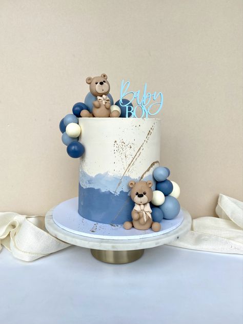 Teddy Bear Baby Shower Theme Boy Cake, Teddy Bear Baby Shower Cake Boys, Cake Bear Baby Boy, Teddy Bear Baby Shower Theme Cake, Blue Teddy Bear Cake, Simple Baby Shower Cakes, Blue Bear Cake, Teddy Bear Theme Cake, Teddy Bear Cake Ideas