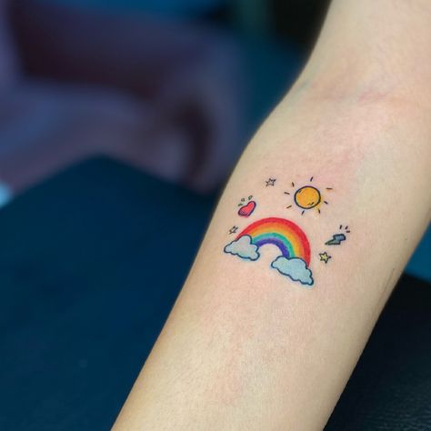 Cute Rainbow Tattoo Ideas, Minimal Tattoo Color, Tattoo Minimal Color, Crayon Tattoo, Girly Hand Tattoos, Pilot Tattoo, Rainbow Tattoo, Iris Tattoo, Rainbow Tattoos