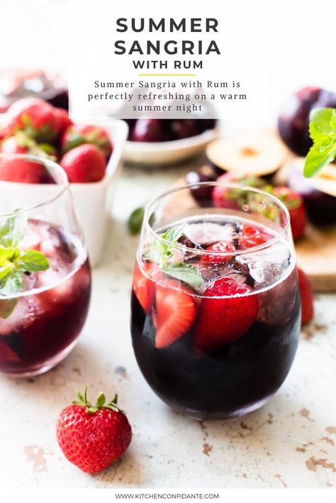 Summer Sangria with Rum is perfectly refreshing on a warm summer night thanks to the combination of wine and rum with summer fruits and lime soda. This sangria is easy to make so you can keep relaxing with your guests at your next barbecue or brunch. Enjoy all summer long!  #sangria #wine #rum #red #recipes #summer #kitchenconfidante Sangria With Gin, Malibu Sangria Recipes, Summer Red Sangria, Dry Sangria Recipes, Red Sangria Recipes Summer, Sangria With Rum, Brunch Sangria, Sangria Recipes With Rum, Rum Sangria