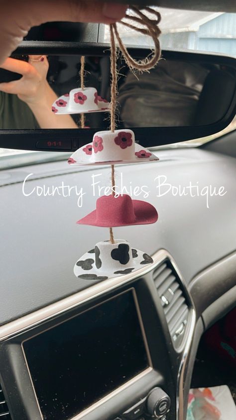 Pink Flower Cowboy Hat Car Charm / Car Charms / Rearview Mirror Decor -  #Car #Charm #Charms #Cowboy #decor #Flower #Hat #Mirror #pink #Rearview Retro Western Aesthetic, Mini Cowboy, Mini Cowboy Hat, Market Day Ideas, Western Car, Mom Car, Rear View Mirror Decor, Car Decorations, Jar Art