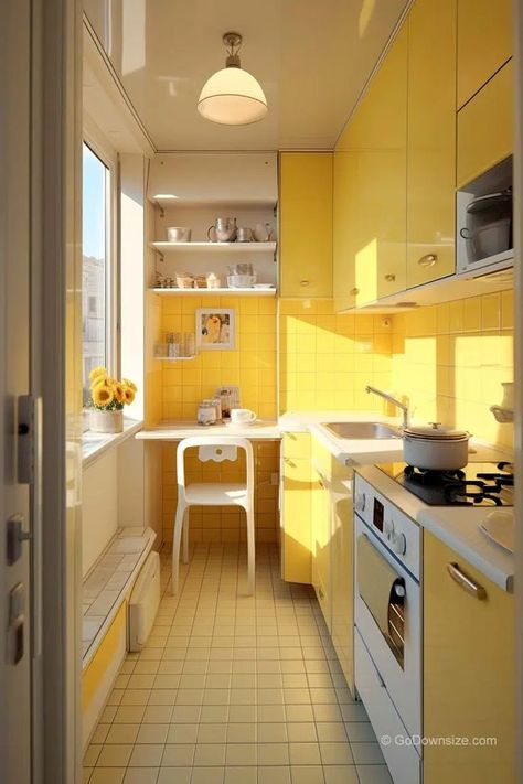 This cute canary apartment kitchen uses small yellow tiles all over the floor and the walls. Yellow Kitchen Designs, Yellow Tiles, Yellow Color Scheme, Colourful Kitchen, Yellow Tile, Yellow Colour Scheme, Ideas For Small Spaces, Yellow Kitchen, Kitchen Tile