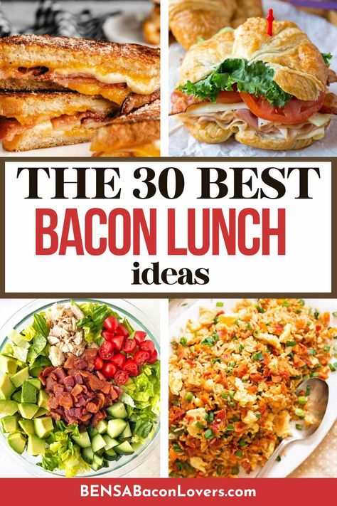 Two bacon sandwiches, a green salad with chicken and bacon, and bacon fried rice. Lunch With Bacon Ideas, Bacon Recipes For Dinner Sandwiches, Turkey Bacon Lunch Ideas, Bacon Lunch Recipes, Lunch Recipes With Bacon, Lunch Ideas With Bacon, Bacon Meal Ideas, Bacon Recipes For Lunch, Bacon Breakfast Sandwich Recipes