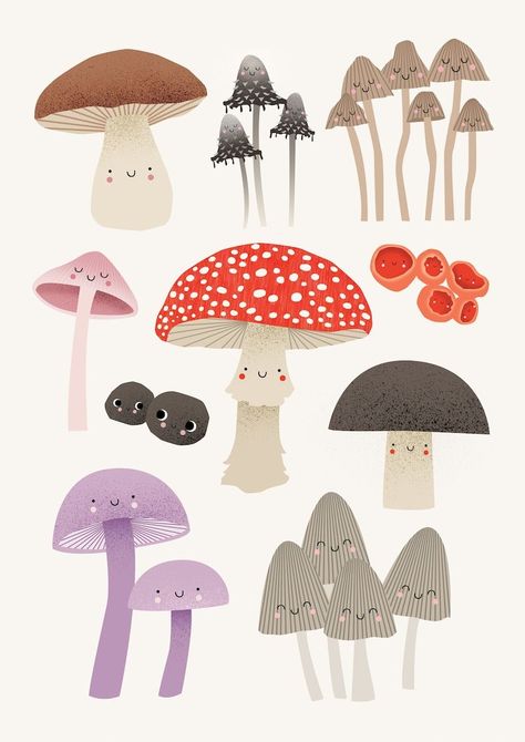 Cute Mushrooms & Fungi Mycology Art Poster Print  Bright and colorful poster print featuring a variety of mushrooms and fungi. Perfect for a natural Montessori nursery or Mushrooms Drawing Cute, Cute Mushroom Illustration, Mushroom Illustration Cute, Mushroom Pottery Painting, Mushroom Painting Ideas, Cute Mushroom Drawing, Mushroom Digital Art, Mushroom Paintings, Vintage Mushroom Art