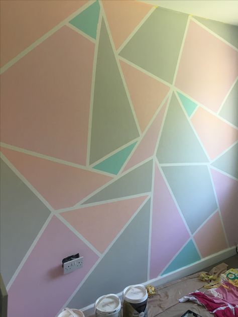 My pastel frog tape wall! #valspar #girlsroom Frog Tape Wall, Cheerleading Bedroom, Geometric Wall Paint, Tape Wall Art, Tape Wall, Girl Bedroom Walls, Diy Wall Painting, Tape Painting, Bedroom Wall Designs