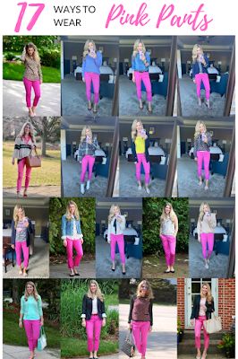 How To Style Pink Jeans Casual Outfits, What To Wear With Fuschia Pants, Fall Outfit Pink Pants, Hot Pink Yoga Pants Outfit, Pink Jean Outfits Winter, Pink Jeans Outfit Work, Pink Jegging Outfit, Light Pink And Hot Pink Outfit, Hot Pink Jeans Outfit Winter