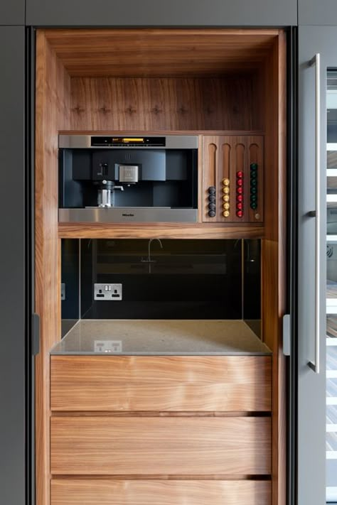 Kuche Pocket Kitchens Hotel Coffee Station, Coffee Corner Kitchen, Rustic Coffee Bar, Nespresso Pod, Corner Kitchen Pantry, Small Kitchen Pantry, Coffee Station Ideas, Helen Green, Kitchen Bar Decor