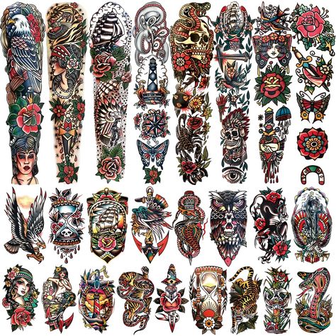 (Promoted) 55 sheets Classic Full Arm Temporary Tattoos Old School Tattoos Stickers, Sailor Jerry Style Fake Tattoo Sleeve, American Traditional Flower Half Arm Temporary Tattoos for Women Men Adults Kids #tattooarm Vintage Tattoo Men, Classic Tattoo Flash, Old School Tattoo Sleeve, Sleeve Filler, Tattoo Sleeve Filler, Fake Tattoo Sleeves, Christian Sleeve Tattoo, Ocean Tattoo, Tattoo Filler